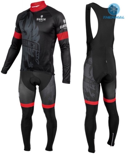 2016 Bianchi Milano Sorisole Black-Red Thermal Long Sleeve Cycling Jersey And Bib Pants Set