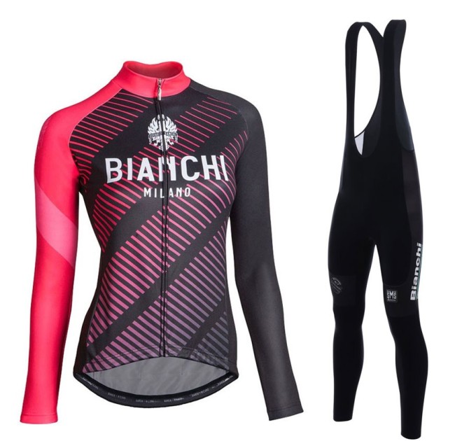 2017 Bianchi Catria Black-Pink Women Long Sleeve Cycling Jersey And Bib Pants Set