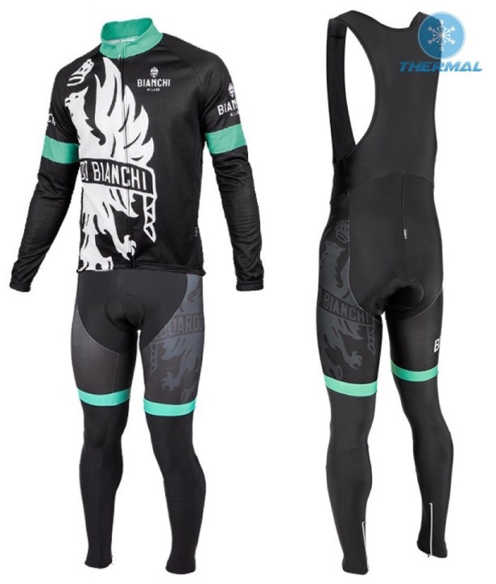 2016 Bianchi Milano Sorisole Black-Green Thermal Long Sleeve Cycling Jersey And Bib Pants Set