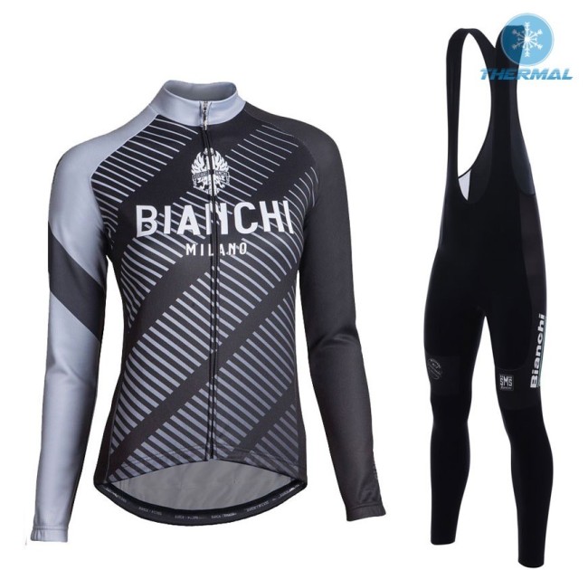 2017 Bianchi Catria Black-Grey Women Thermal Cycling Jersey And Bib Pants Set