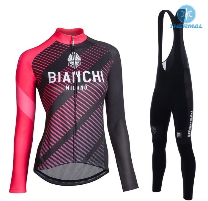 2017 Bianchi Catria Black-Pink Women Thermal Cycling Jersey And Bib Pants Set