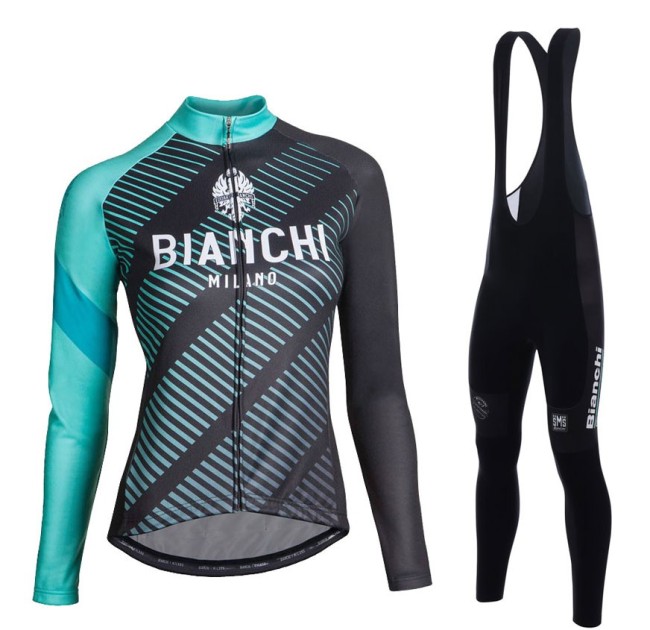 2017 Bianchi Catria Black-Green Women Long Sleeve Cycling Jersey And Bib Pants Set