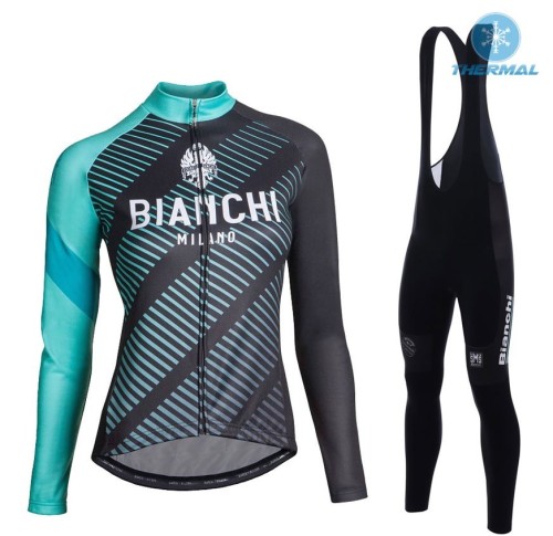 2017 Bianchi Catria Black-Green Women Thermal Cycling Jersey And Bib Pants Set