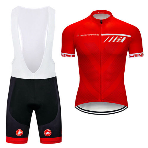 2019 Casteli Mens Short Sleeve Cycling Clothing Jersey Shirt Bib Shorts Set Red Bike Uniforms