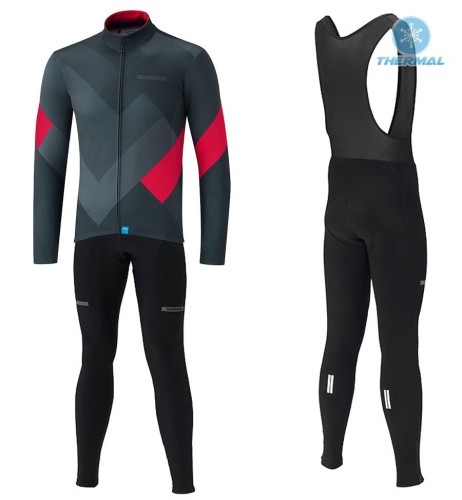 2019 Shimano Grey-Red Thermal Cycling Jersey And Bib Pants Set