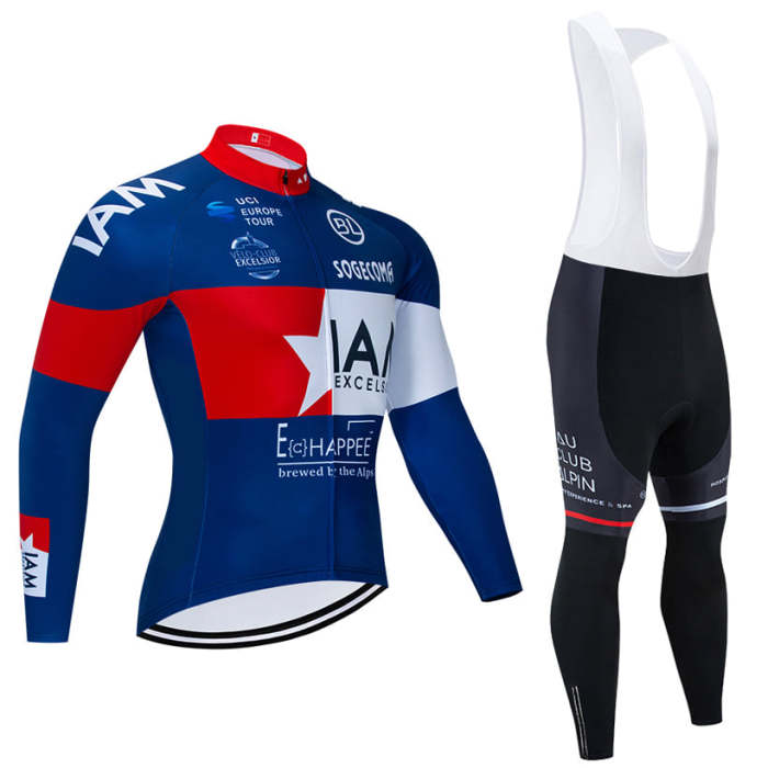 2020 CYCLING JERSEY IAM WHITE RED BLUE LONG SLEEVE AND BIB TIGHT