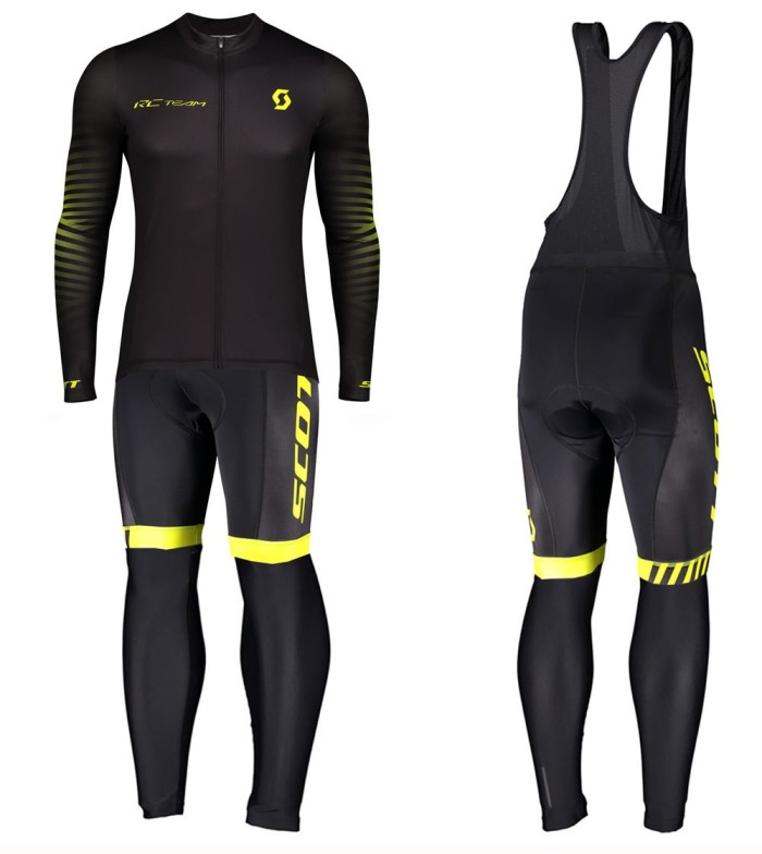 2020 Scott RC Team 1.0 Black-Yellow Long Sleeve Cycling Jersey And Bib Pants Set