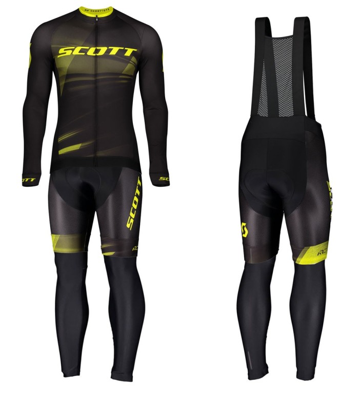 2020 Scott RC Pro Black-Yellow Long Sleeve Cycling Jersey And Bib Pants Set