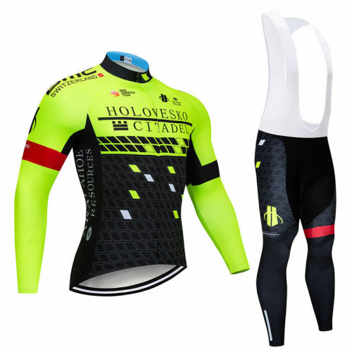 2021 Green Men's Cycling Jersey Long Bib Pants Kits Long Sleeve Shirt Tights Set