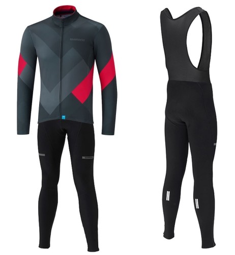 2021 Shimano Grey-Red Long Sleeve Cycling Jersey And Bib Pants Set