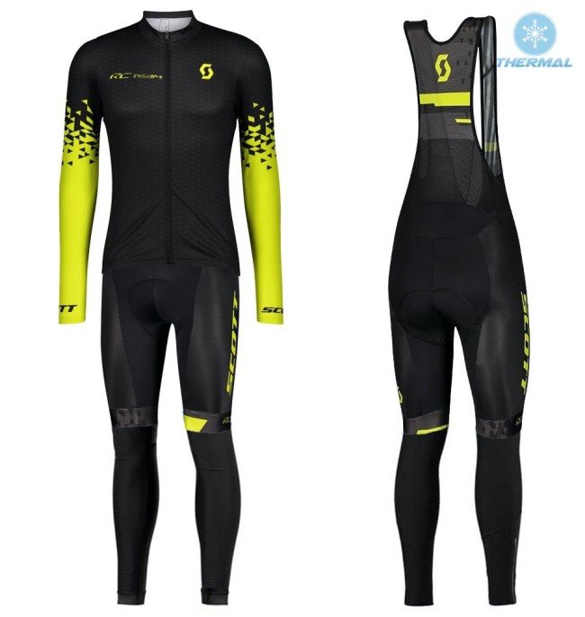 2021 Team Scott RCT 1.0 Black-Yellow Thermal Cycling Jersey And Bib Pants Set