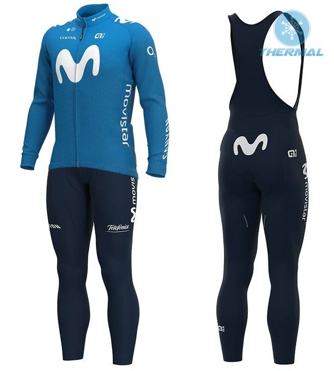 2021 Team Movistar Blue Thermal Cycling Jersey And Bib Pants Set