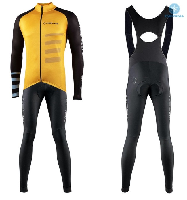 2021 Nalini Stripes Yellow Thermal Cycling Jersey And Bib Pants Set