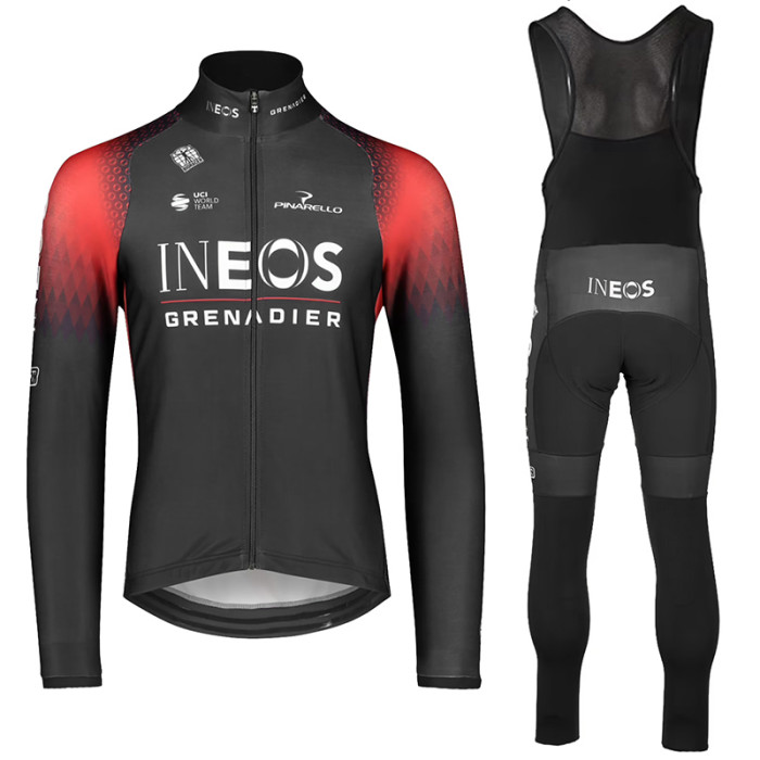 2022 INEOS GRENADIER Team Thermal Fleece Cycling Jersey And Bib Pants Set-Black