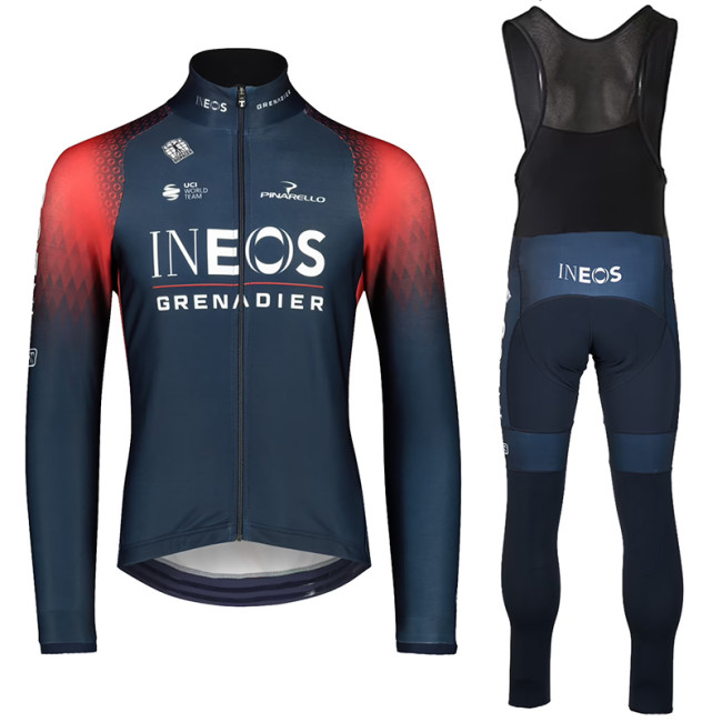 2022 INEOS GRENADIER Team Thermal Fleece Cycling Jersey And Bib Pants Set-Blue