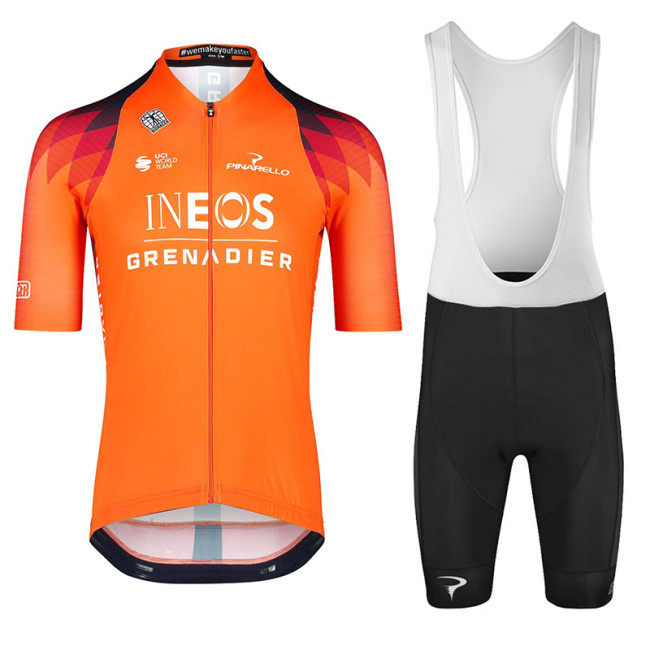 2023 New KINDERSET INEOS GRENADIERS Mens Cycling Short Sleeve Jersey And Bib Short Kit ORANGE - DARK BLUE