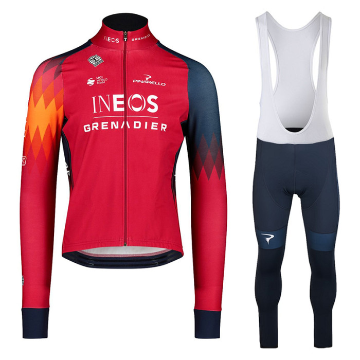 2023 INEOS GRENADIER Team Thermal Fleece Cycling Jersey And Bib Pants Set-RED - DARK BLUE