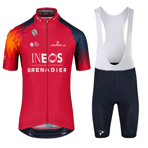 2023 New KINDERSET INEOS GRENADIERS Mens Cycling Short Sleeve Jersey And Bib Short Kit RED - DARK BLUE