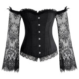 Wedding Women Sexy Plus Size Lace Off Shoulder Top Long Sleeve Lace Up Corset Top Waist Training Overbust Corsets And Bustiers Black Tops