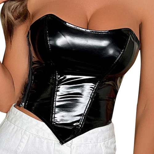Plus Size S-6XL Vintage Slimming Binder Bustier Shaper Bustier Women PU Faux Leather Tube Top Strapless Corset Sleeveless Zip Side Crop Top