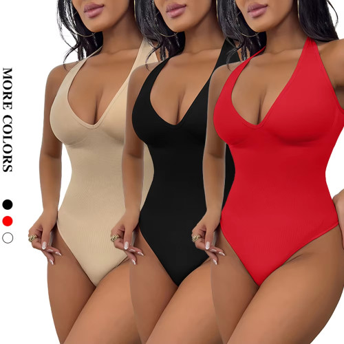 Halter Bodysuit Deep V Camisole Adjustable Strap Shapewear Top Tummy Control Women Sexy Thong Body Shaper Seamless Fajas 2025