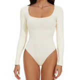 Elastic Breathable Fabric U-Shaped Neckline Crotch With Buckle Thin And Elastic Long Sleeves Butt Lift Thong Shapewear For Women