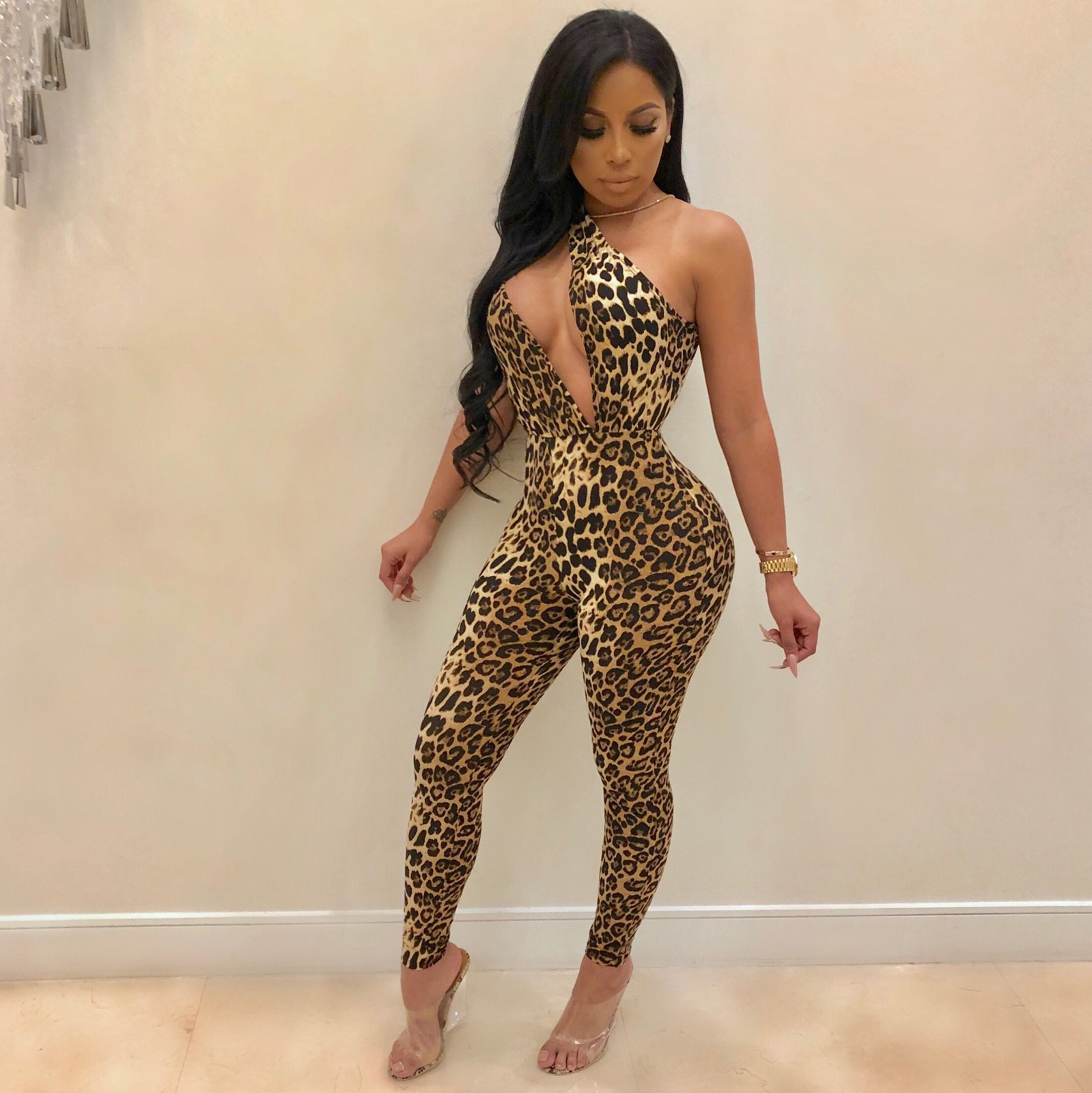 leopard print tight jumpsuit