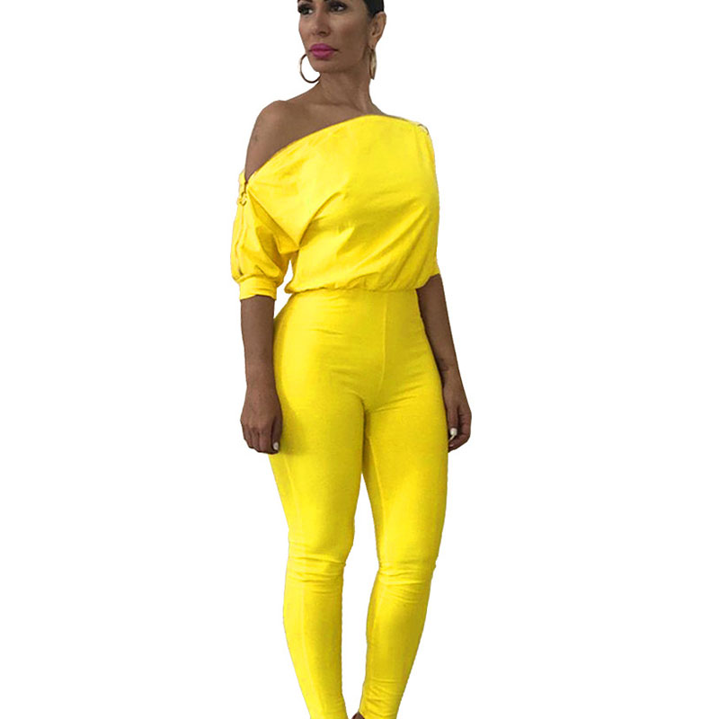 US$ 8.45 - Yellow Slash Neck Solid Short Sleeves Bodycon Jumpsuits ...