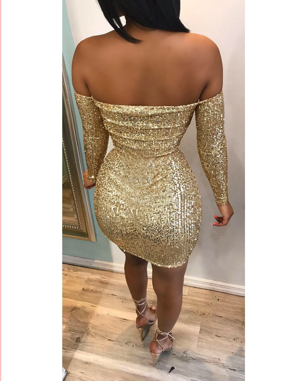 US$ 11.92 - Sexy Off Shoulder Gold Sequins Bodycon Minid Club Dress ...