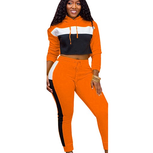 US$ 10.62 - Orange Patchwork Hoodie Crop Tops Skinny Sports Sets CM620 ...