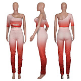 Red One Shoulder Hollow-out Front Crop Top & Ruffled Bottom Skiny Pants Set Q520