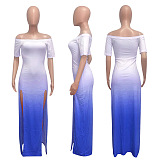 Blue Gridient Color Side Split Strapless Dress NK114