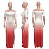 Red Gridient Color Side Split Strapless Dress NK114