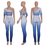 Blue One Shoulder Hollow-out Front Crop Top & Ruffled Bottom Skiny Pants Set Q520