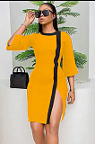 Black Side Split Colored Hem Drop Sleeve Ankle-length Dress