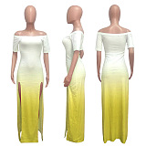 Yellow Gridient Color Side Split Strapless Dress NK114