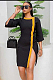 Black Side Split Colored Hem Drop Sleeve Ankle-length Dress