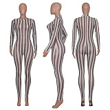 Multicolor Zebra Mesh Mock neck Bodycon Jumpsuit Q516