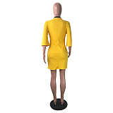Mustard Yellow Side Split Colored Hem Drop Sleeve Ankle-length Dress