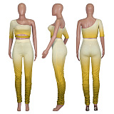 Yellow One Shoulder Hollow-out Front Crop Top & Ruffled Bottom Skiny Pants Set Q520