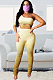 Yellow One Shoulder Hollow-out Front Crop Top & Ruffled Bottom Skiny Pants Set Q520