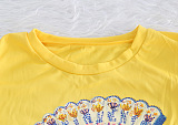 Fan Graphic Print  Yellow Solid Color Shorts Sets Q532
