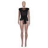 Black Front Lace Ruffle Self-knotted Blouse Q517