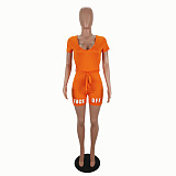 Orange Print Plunging Neck Self Tied Romper Jumpsuit Yellow SH7170