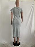 Slogon Gray Solid Color Rippe Long Dress AMM8223
