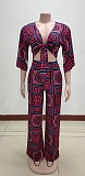 Coffee Scarf Print Knotted Front Loose Wide Leg Jumpsuit KA7091