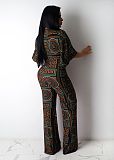 Coffee Scarf Print Knotted Front Loose Wide Leg Jumpsuit KA7091