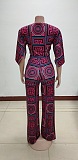 Purple Scarf Print Knotted Front Loose Wide Leg Jumpsuit KA7091