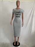 Slogon Gray Solid Color Rippe Long Dress AMM8223