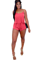 Red Spaghetti Strap Crop Top & Self-tied Shorts Sets GL6261
